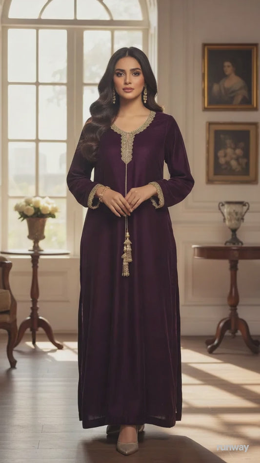Premium 9000 Micro Velvet Long Kurta – Plum Gold Work